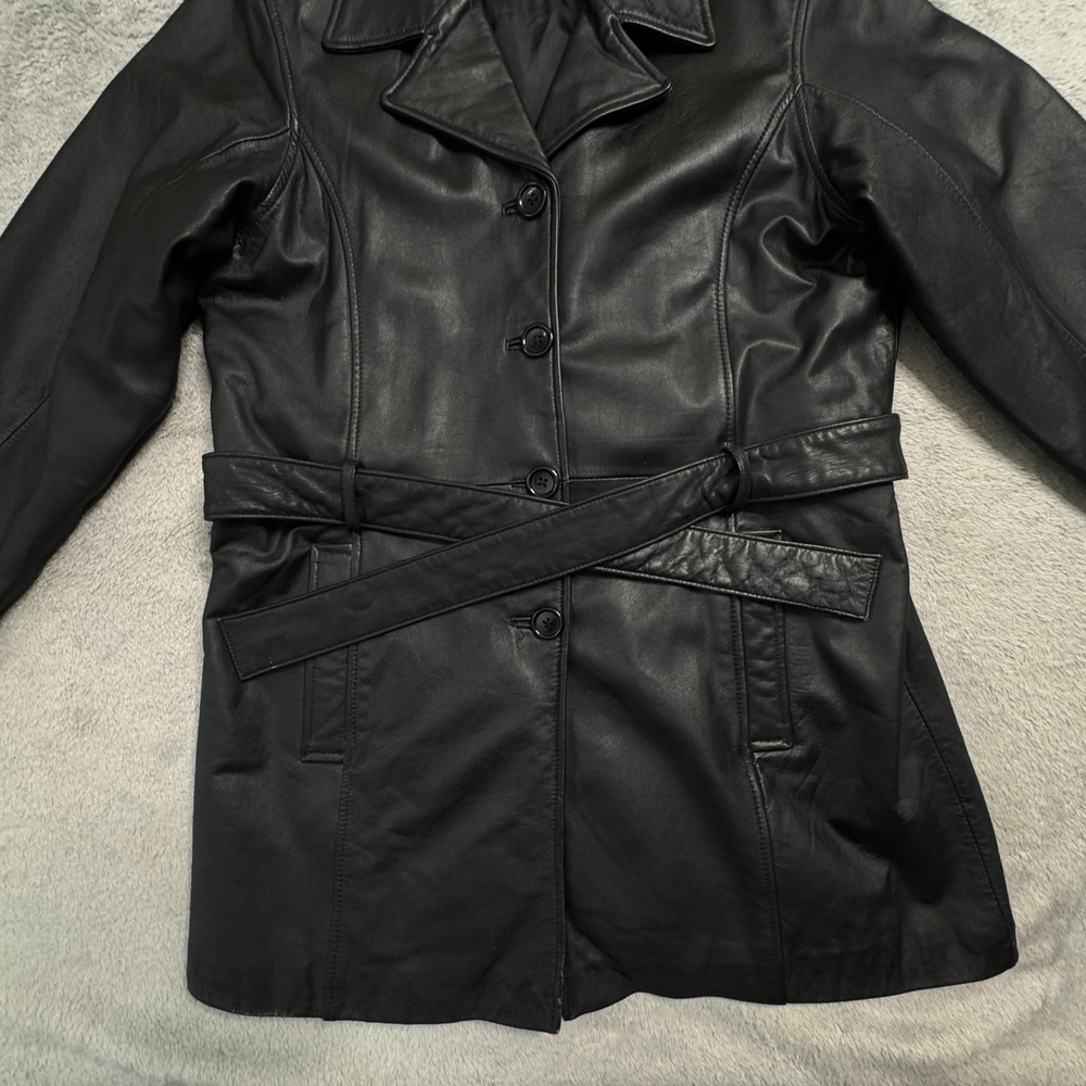 Henig Furs Genuine Leather Belted Trench Coat Womens Size Medium Black - Picture 14 of 14